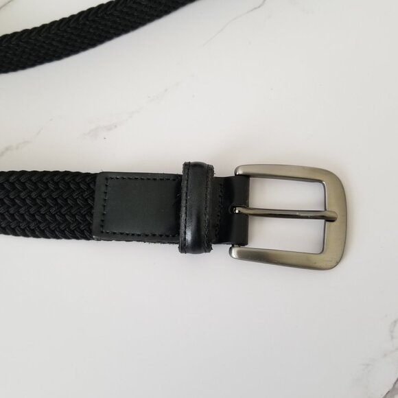 Black Woven Fabric Belt with Brushed Nickel Buckle & Faux Leather Tabs - 34/36 - Picture 5 of 10